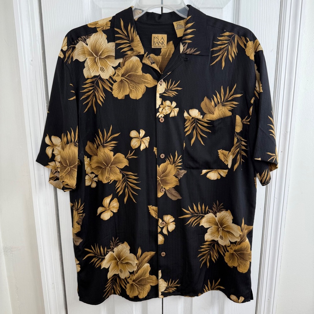 Jos A Bank Mens Large Silk Floral Hibiscus‎ Camp Shirt Black Tan Short Sleeve
